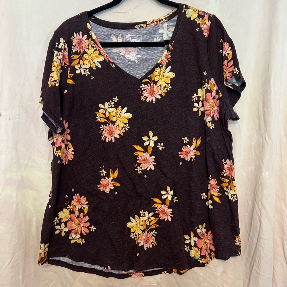 Sonoma Floral V-Neck Blouse - Pink and Yellow on Black
